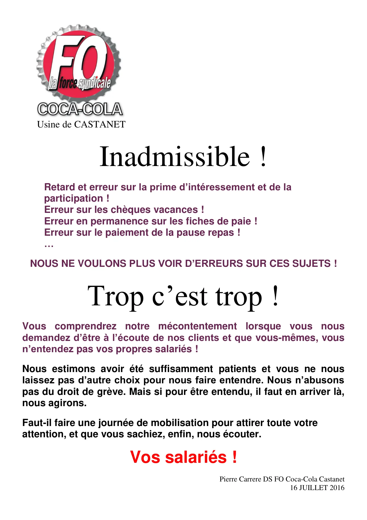 Castanet : Ras-le-bol des erreurs sur salaires et primes !