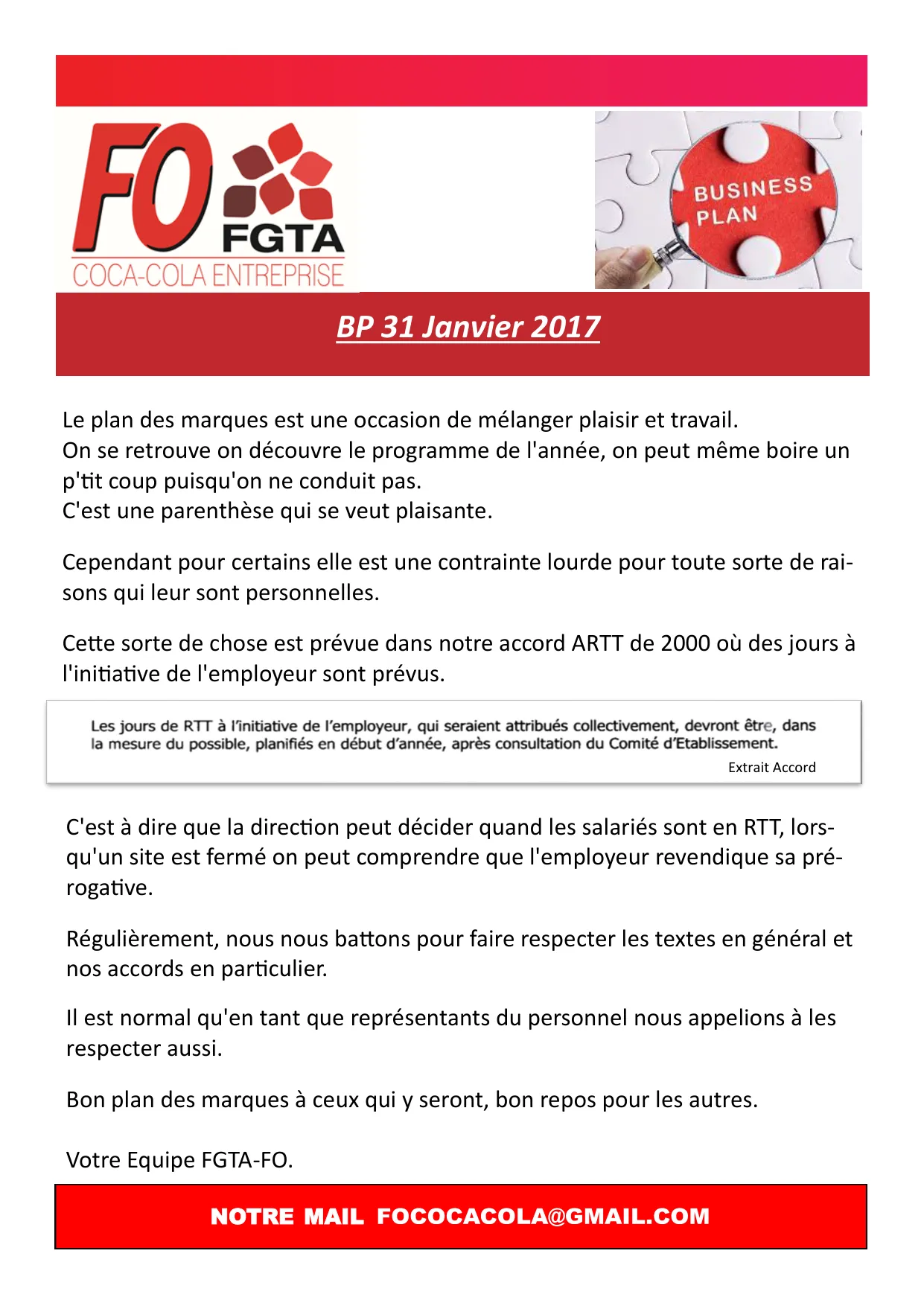 Plan des Marques et Accord ARTT : FO veille au respect des droits