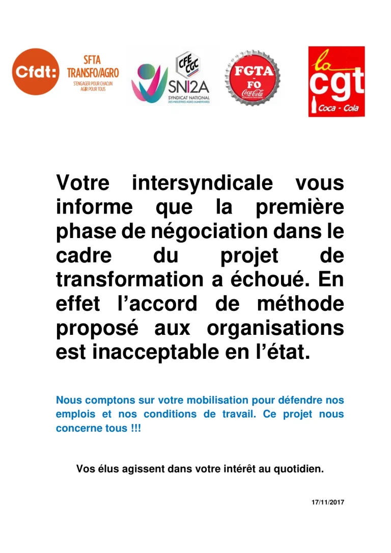 Mobilisation FO Coca-Cola après l'échec des négociations emploi 2017.