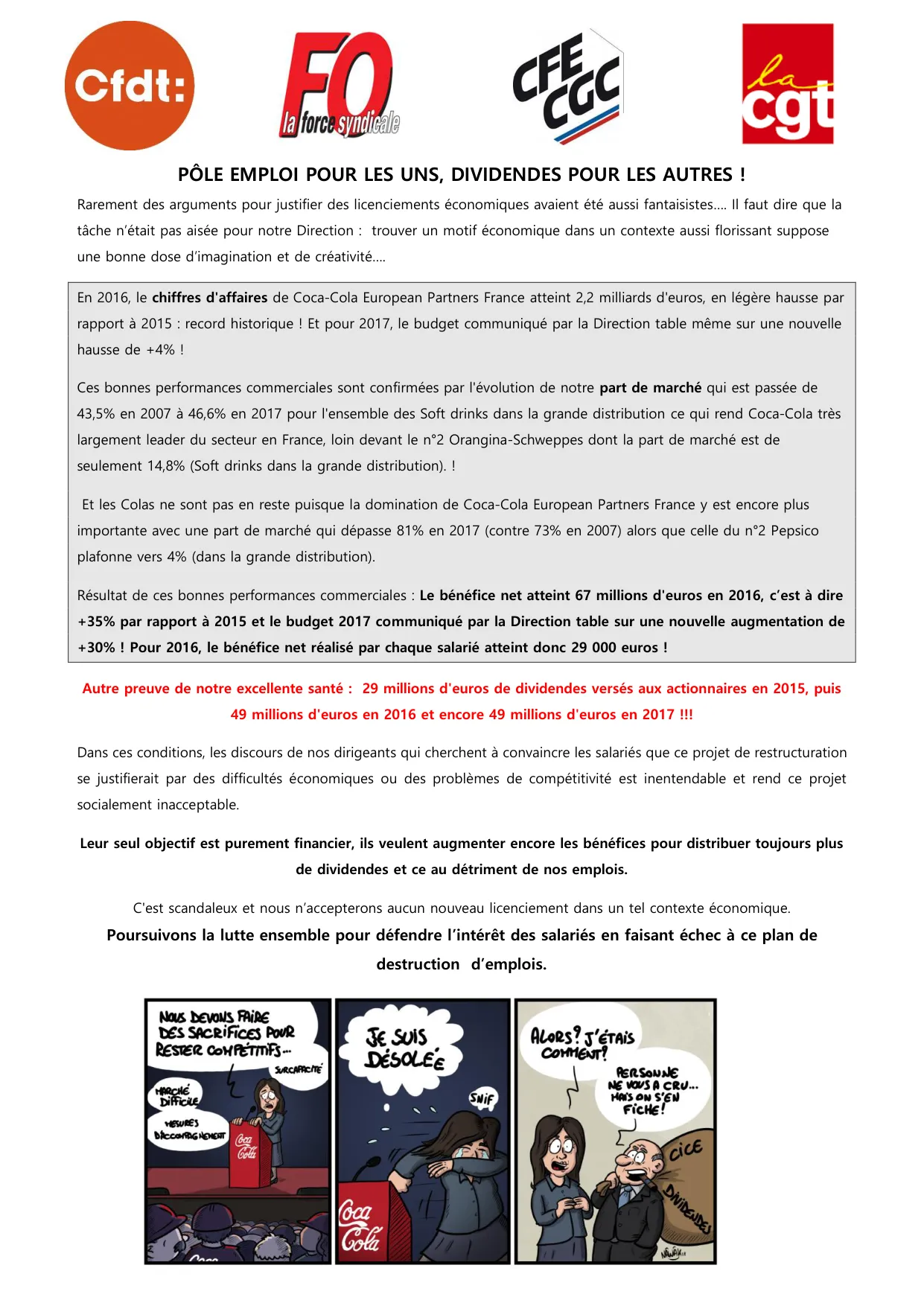 Coca-Cola : Des dividendes records, des emplois menacés !