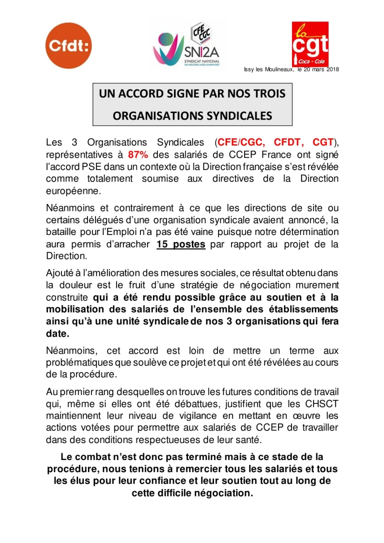 Accord PSE emploi CCEP France signé par FO Coca-Cola.