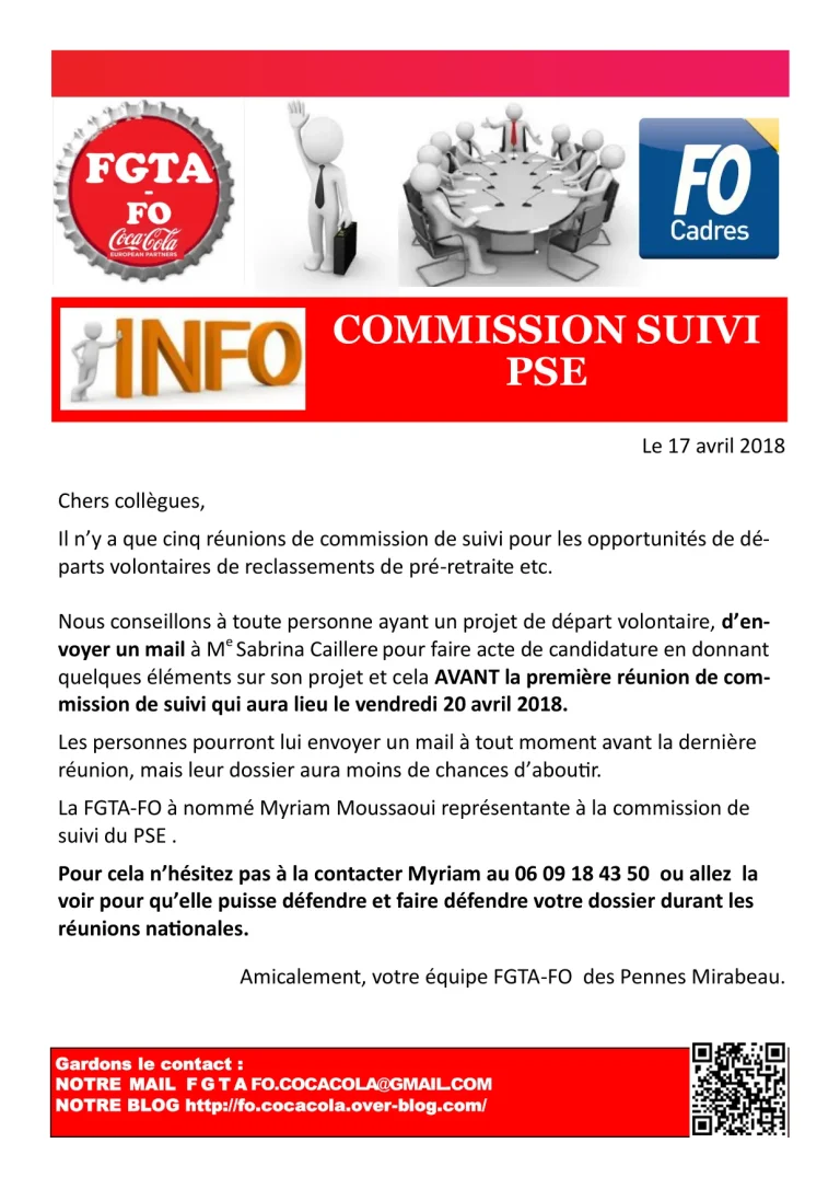 Commission de suivi PSE FO Coca-Cola, départs volontaires avril 2018.