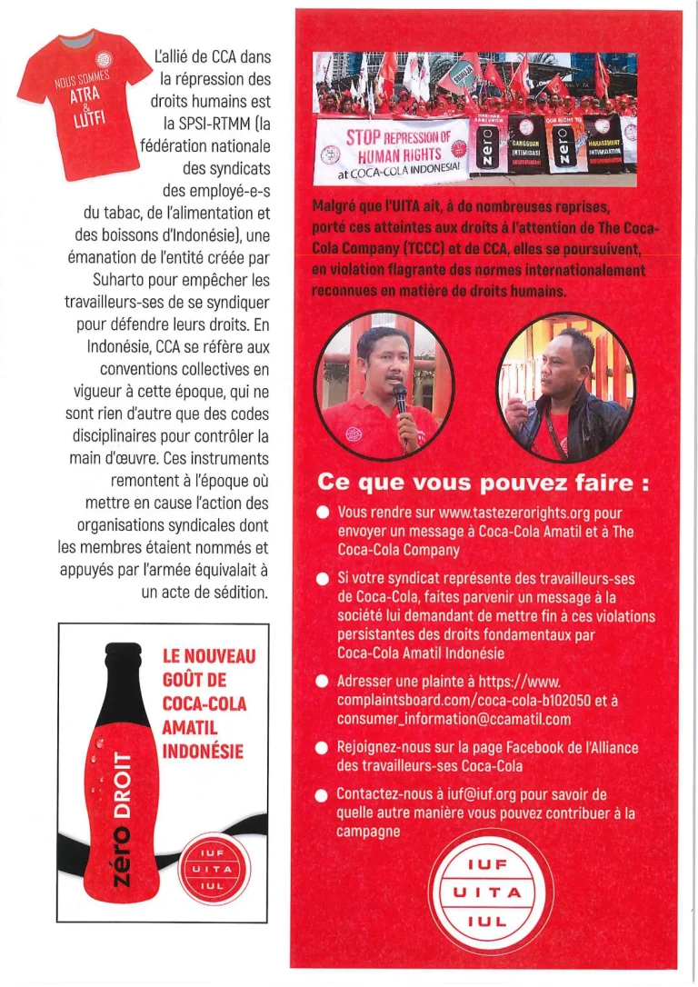 Action syndicale FO Coca-Cola Amatil Indonésie contre les droits zéro.