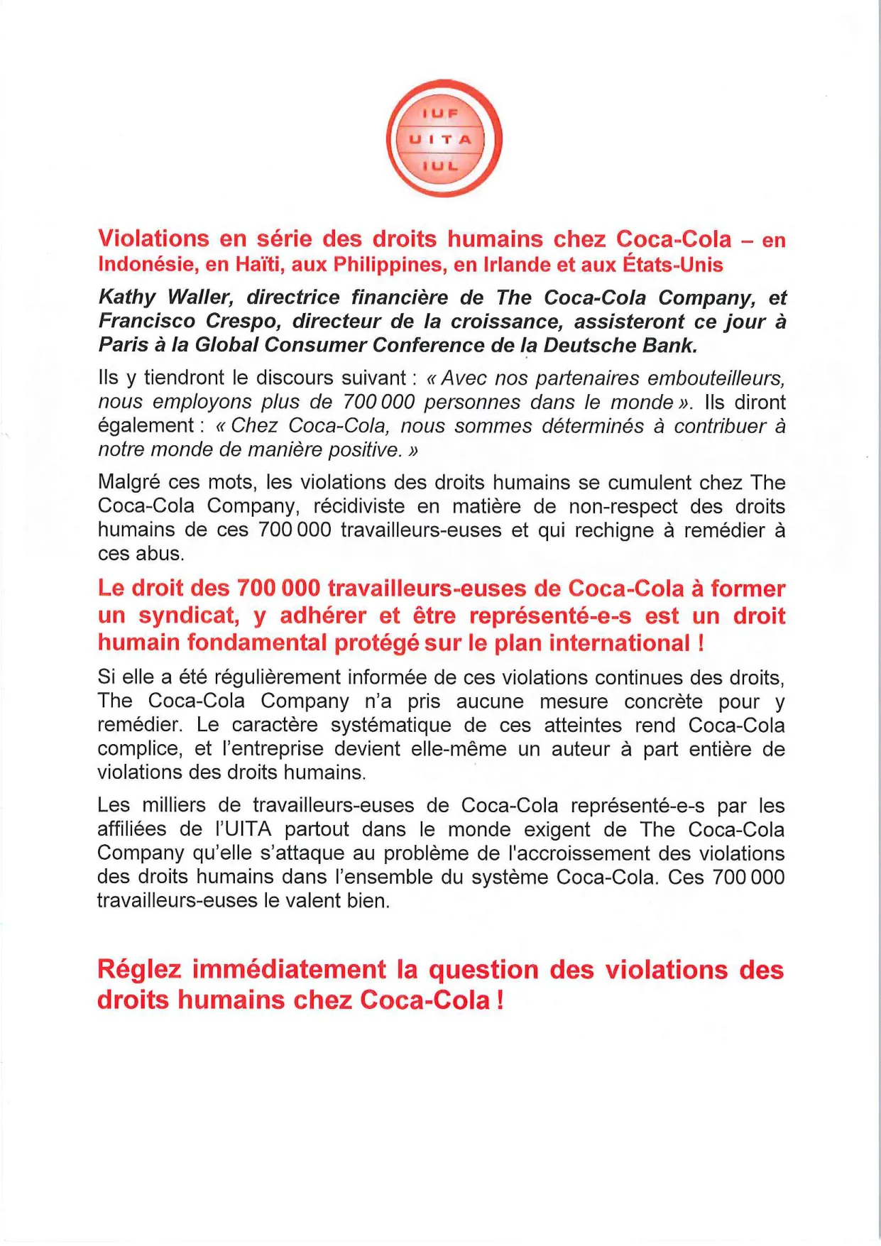 Coca-Cola : Violations des droits humains