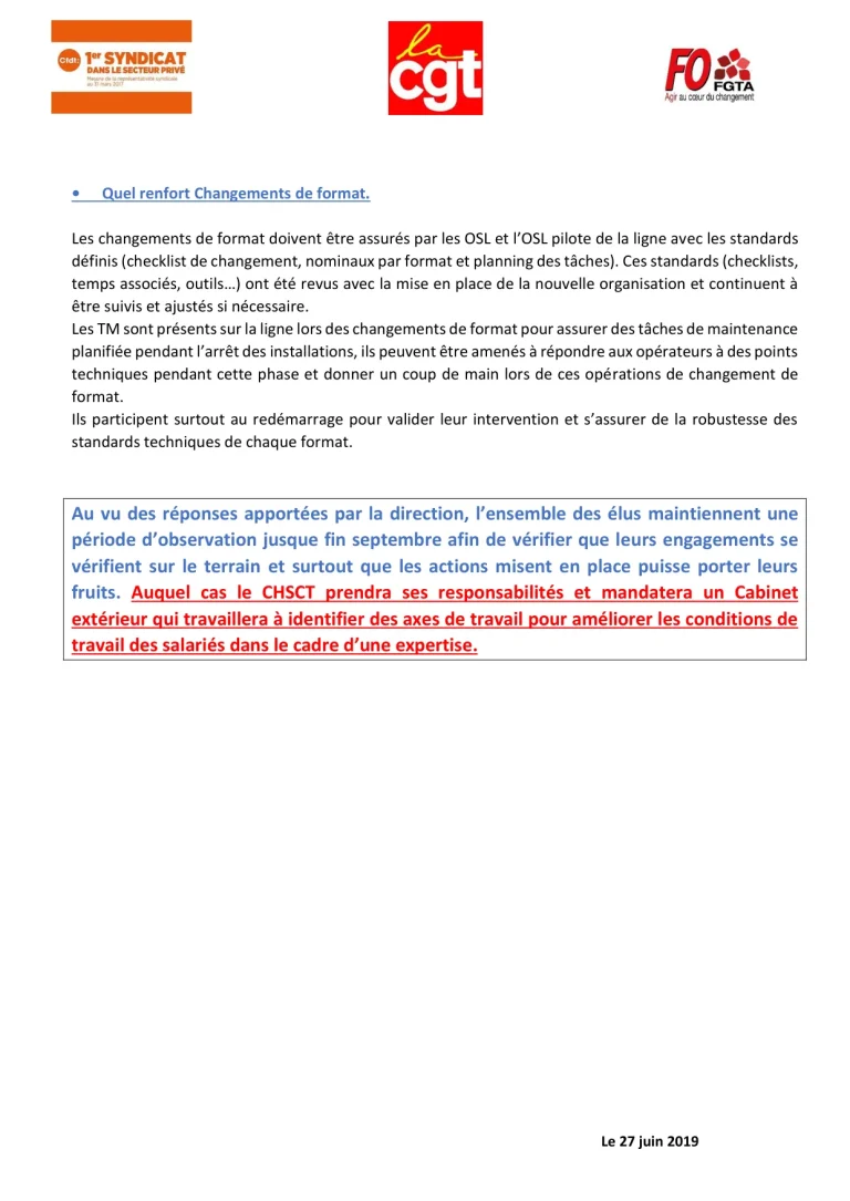 Bilan du projet de transformation des conditions de travail FO Coca-Cola.