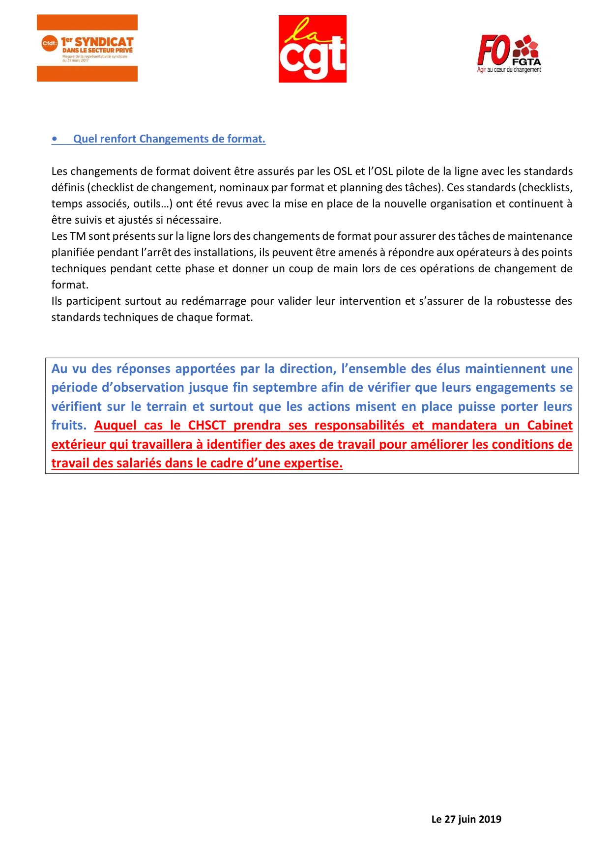 Point sur le projet Transformation : Conditions de travail