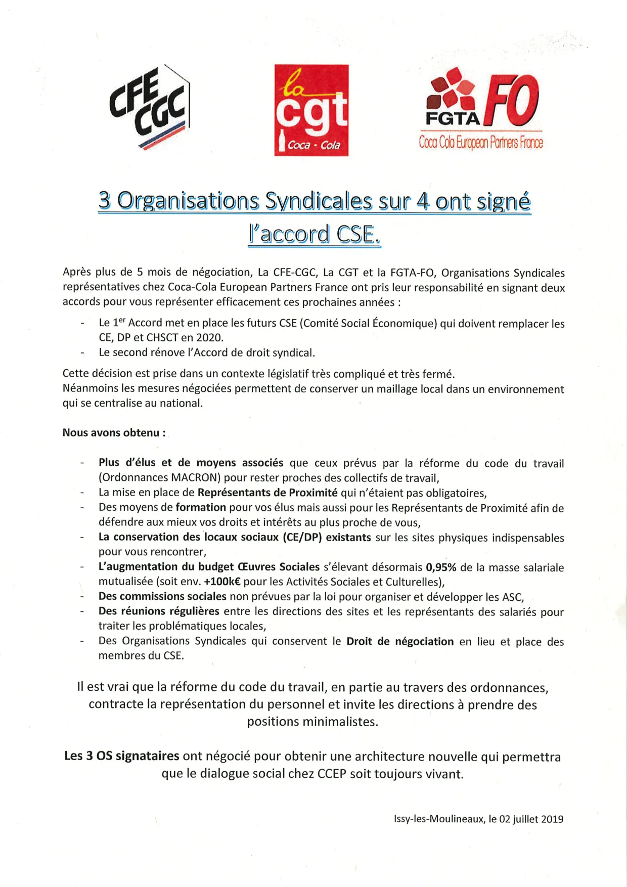Accord CSE : 3 Organisations Syndicales s&rsquo;engagent