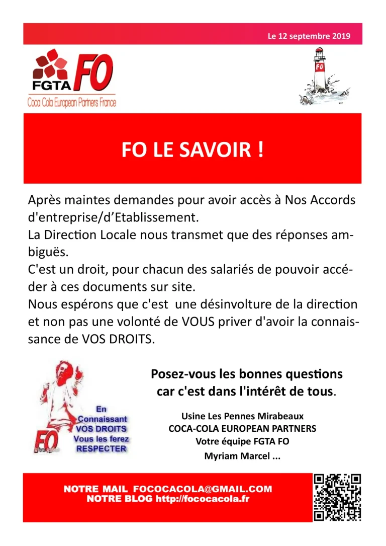 FGTA-FO Coca-Cola : l'accès aux accords d'entreprise, un droit pour tous.