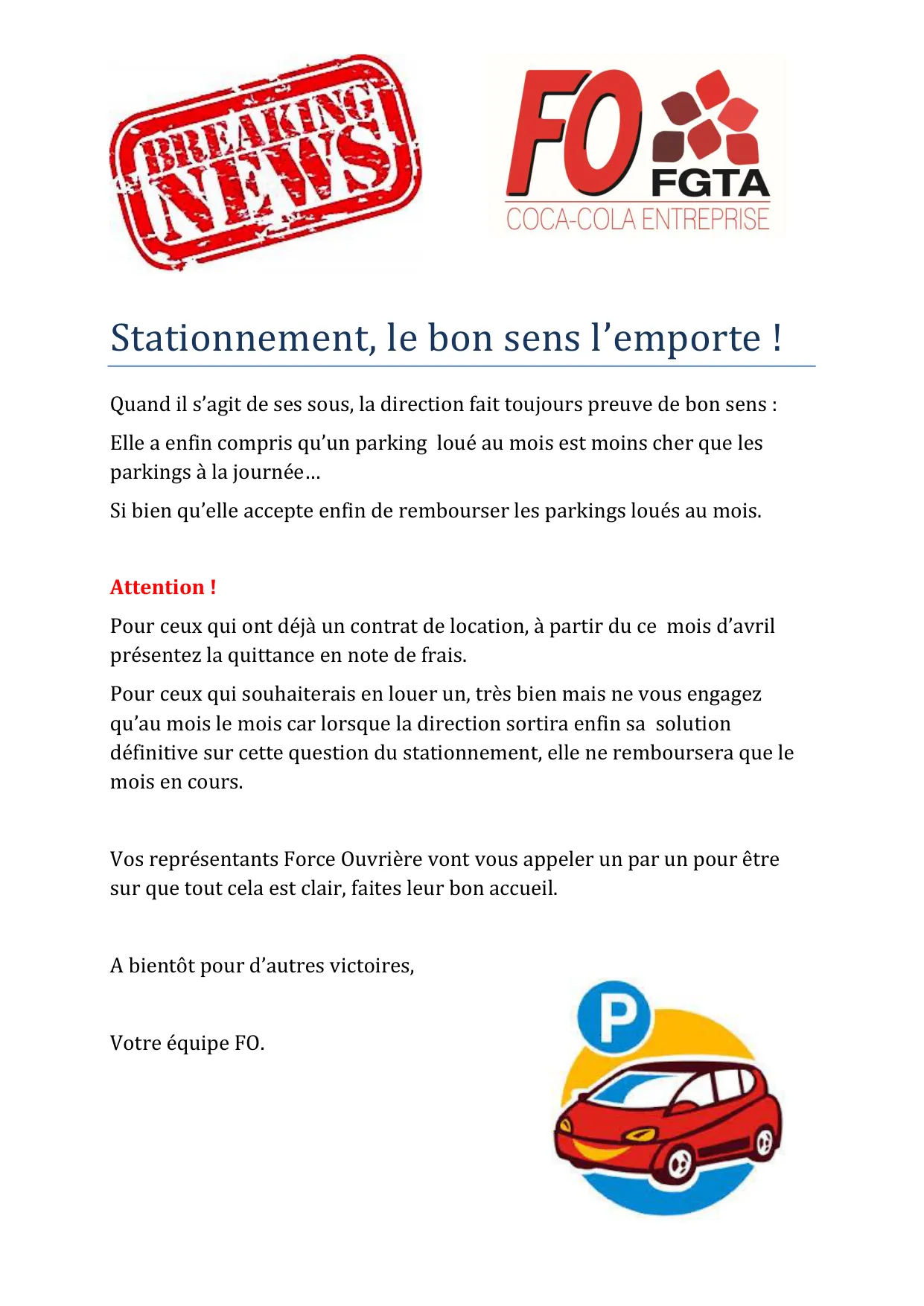 Stationnement : FO obtient le remboursement des parkings mensuels ! (Septembre 2019)