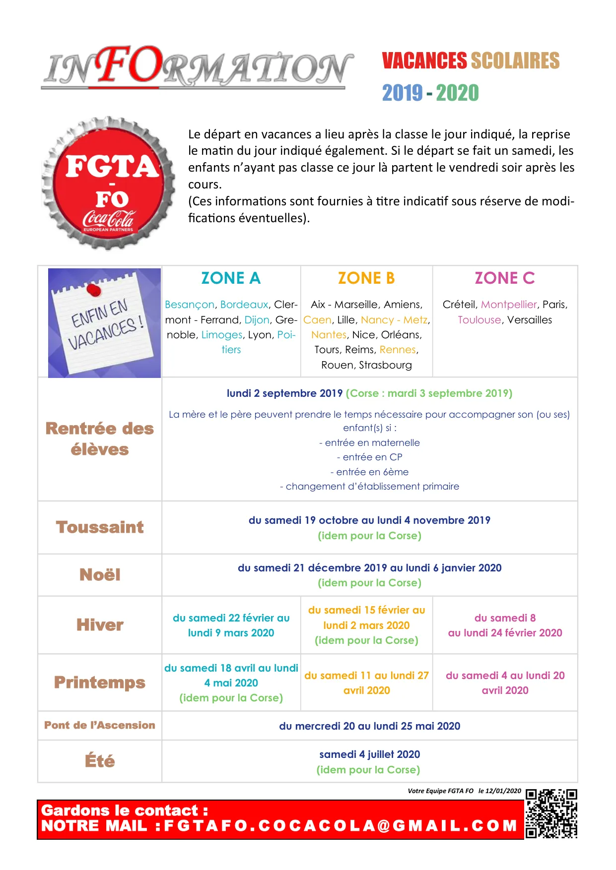 Calendrier des Vacances Scolaires 2019-2020