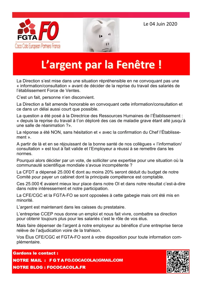 FO alerte sur les dépenses inutiles du comité d'entreprise Coca-Cola.