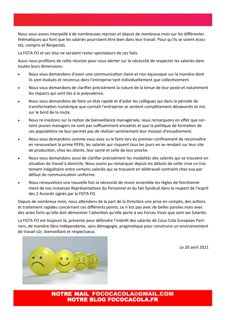 FO Coca-Cola alerte la direction CCEP du malaise en supply chain.