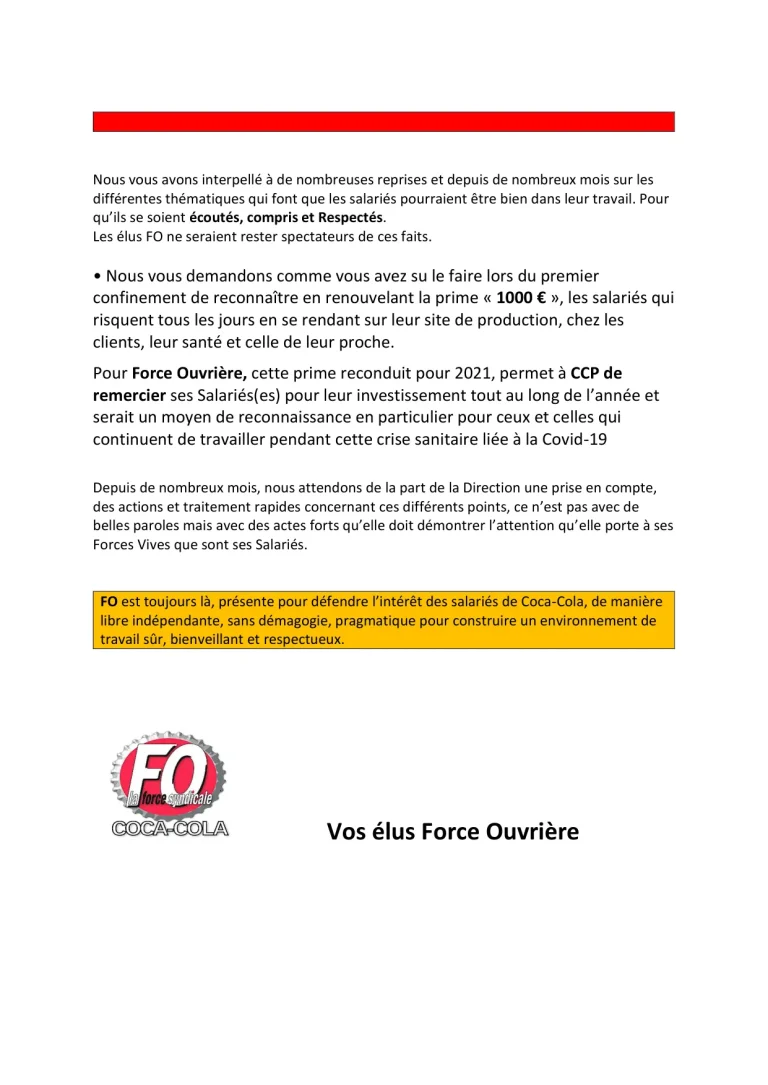 Illustration de la prime de 1000€ et du malaise chez CCEP.