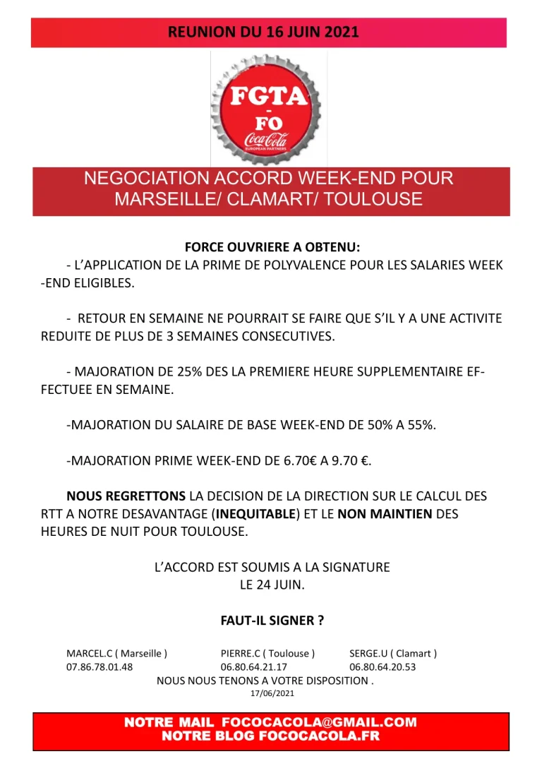 Négociation FO Coca-Cola sur l'accord week-end et les avancées obtenues.