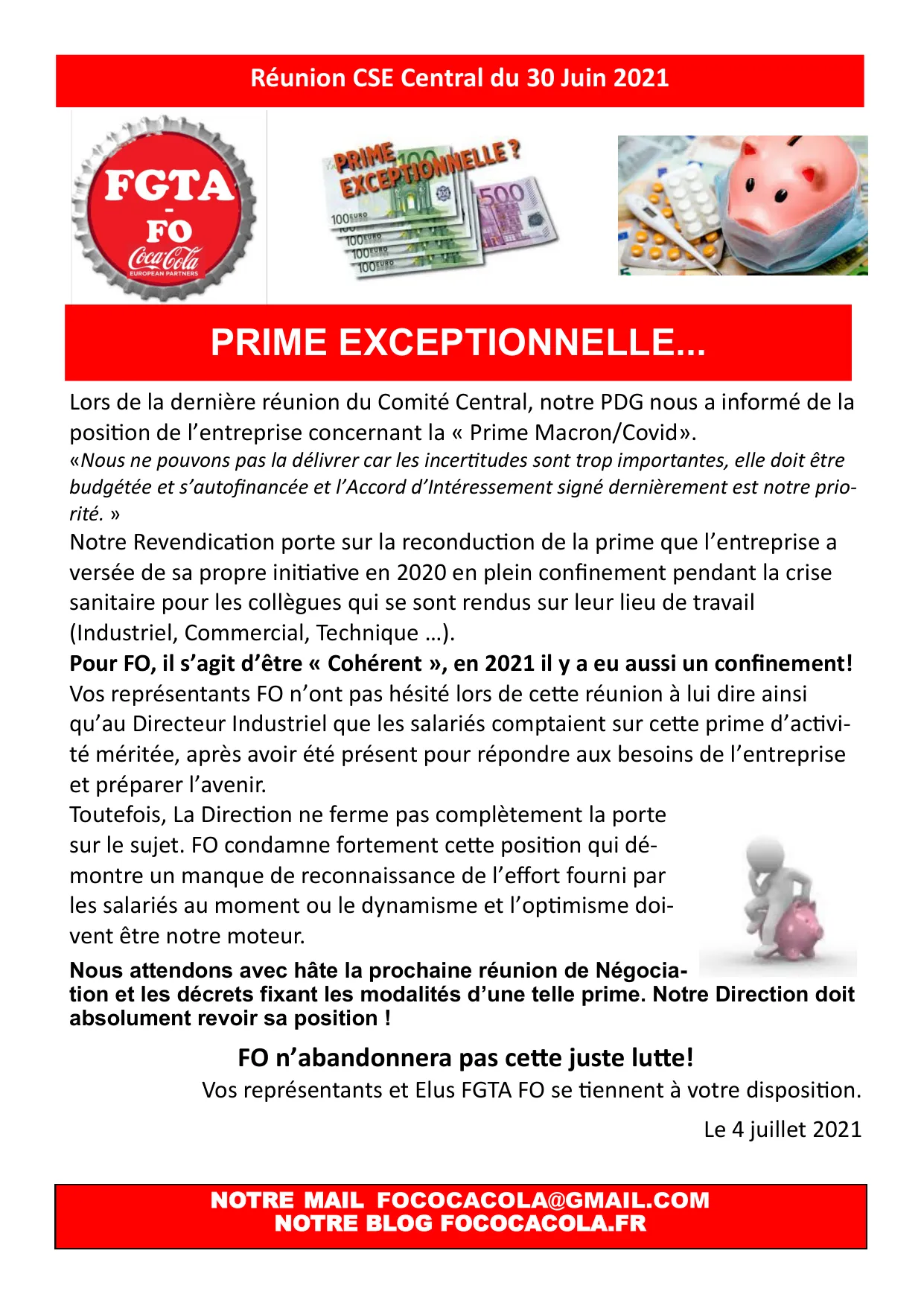 Prime Exceptionnelle Covid : FO revendique la reconnaissance !