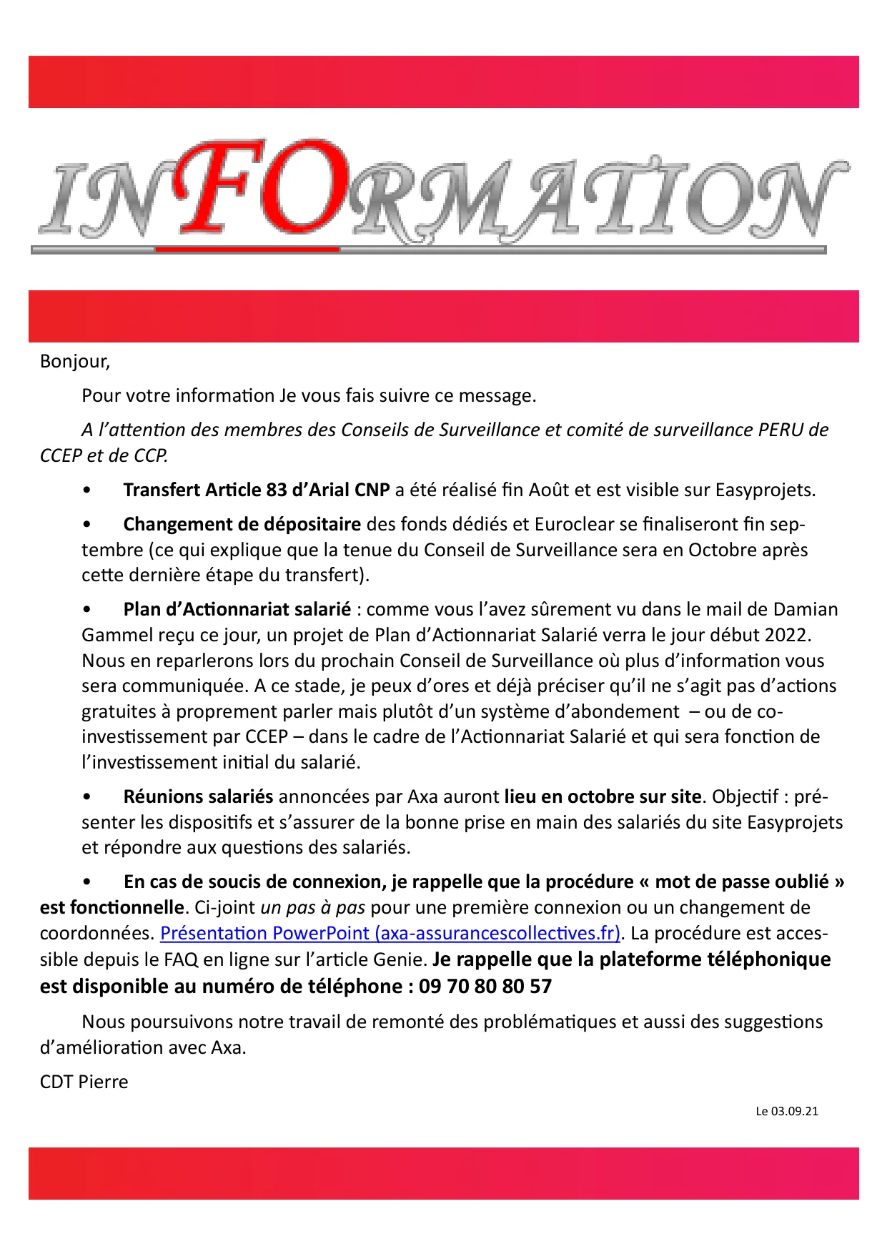 Informations importantes : PERU, Actionnariat Salarié et AXA