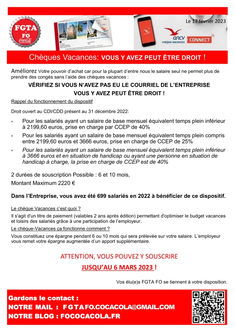 Vérifiez vos droits aux chèques vacances avec FGTA-FO Coca-Cola.