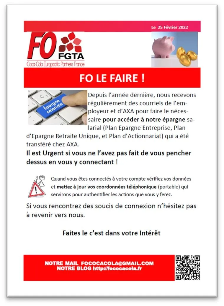 Information syndicale FO Coca-Cola sur le dispositif d'épargne salariale.