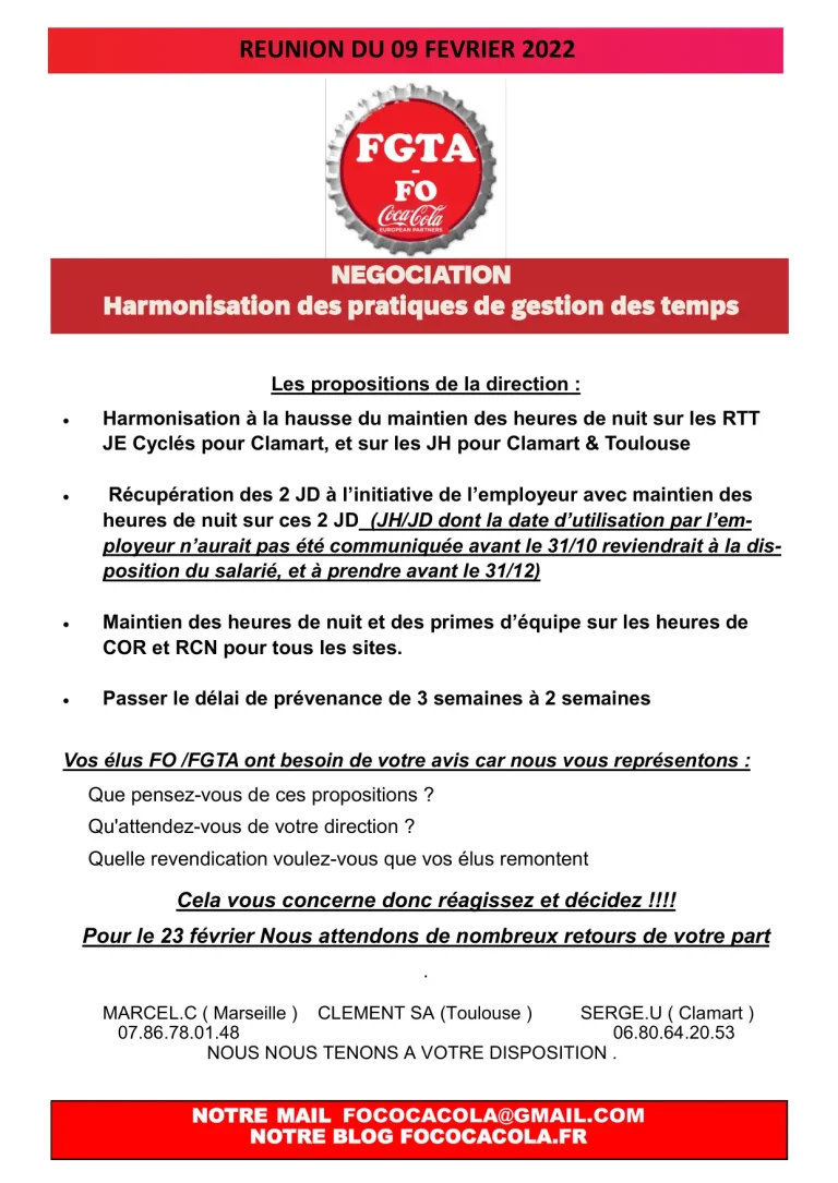 Négociation FO Coca-Cola pour l'harmonisation des temps de travail 2022.