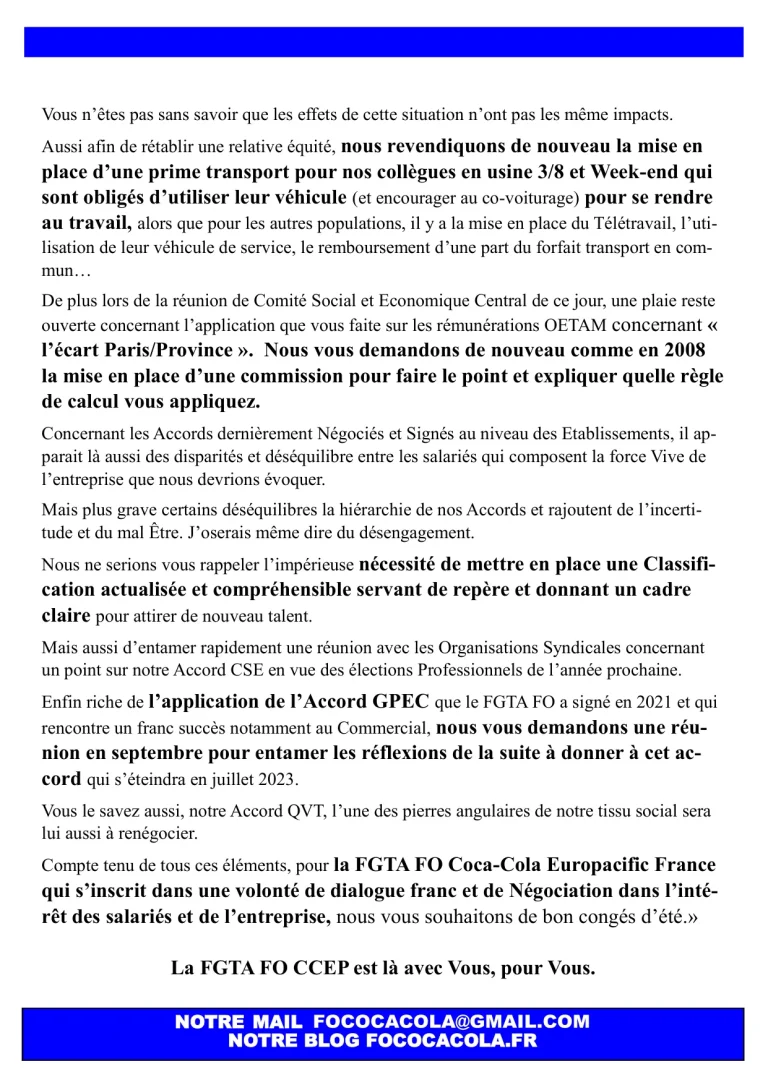 FO Coca-Cola revendique clause de revoyure et mesures d'urgence inflation.