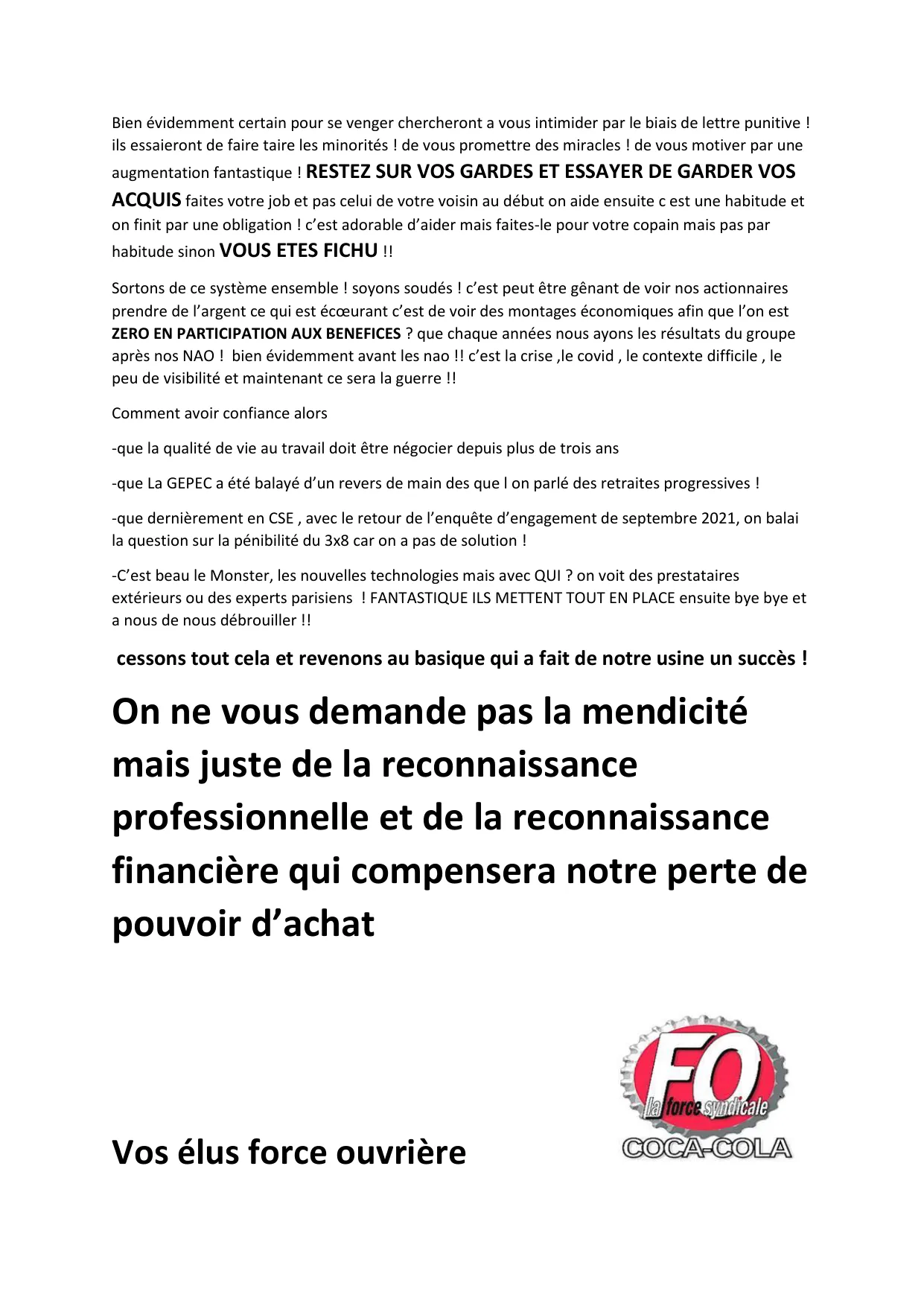 Pouvoir d&rsquo;achat et conditions de travail : FO alerte !