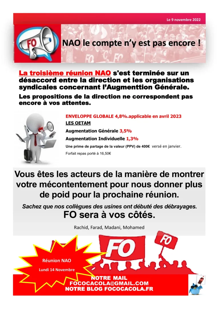 Négociations Annuelles Obligatoires 2022 : inflation et insatisfaction salariale FO Coca.
