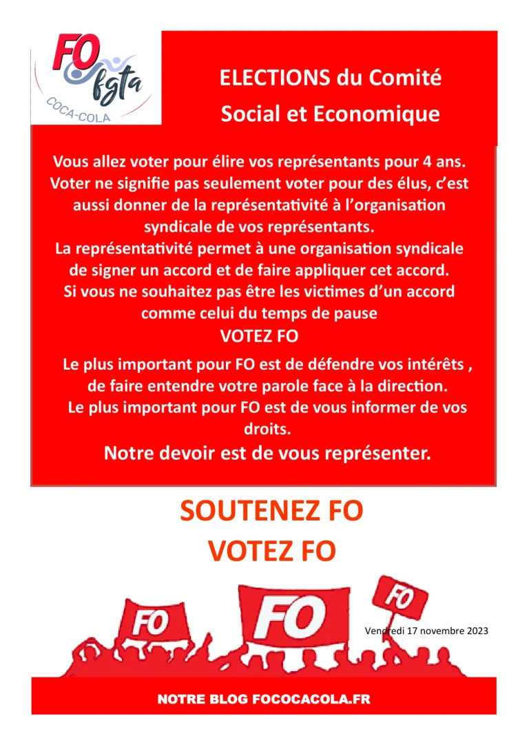 Affiche de campagne FO pour les élections CSE Coca-Cola 2023.