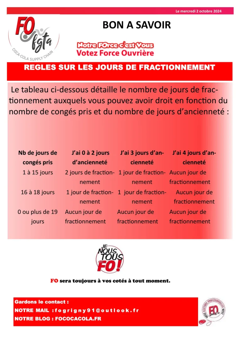 Explication des droits aux congés de fractionnement pour les salariés FO Coca-Cola.