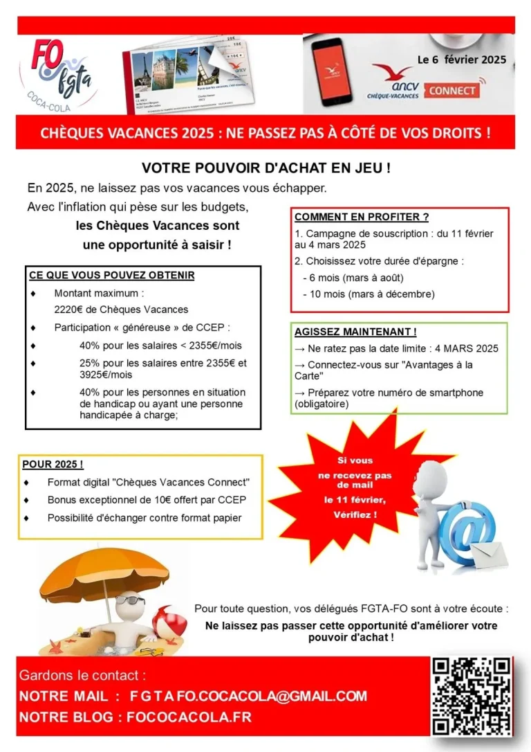 Information syndicale FO Coca-Cola sur les Chèques Vacances 2025.