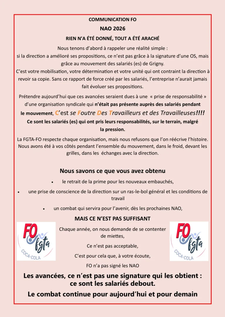 FO Coca-Cola n'a pas signé les NAO 2026, le combat continue.