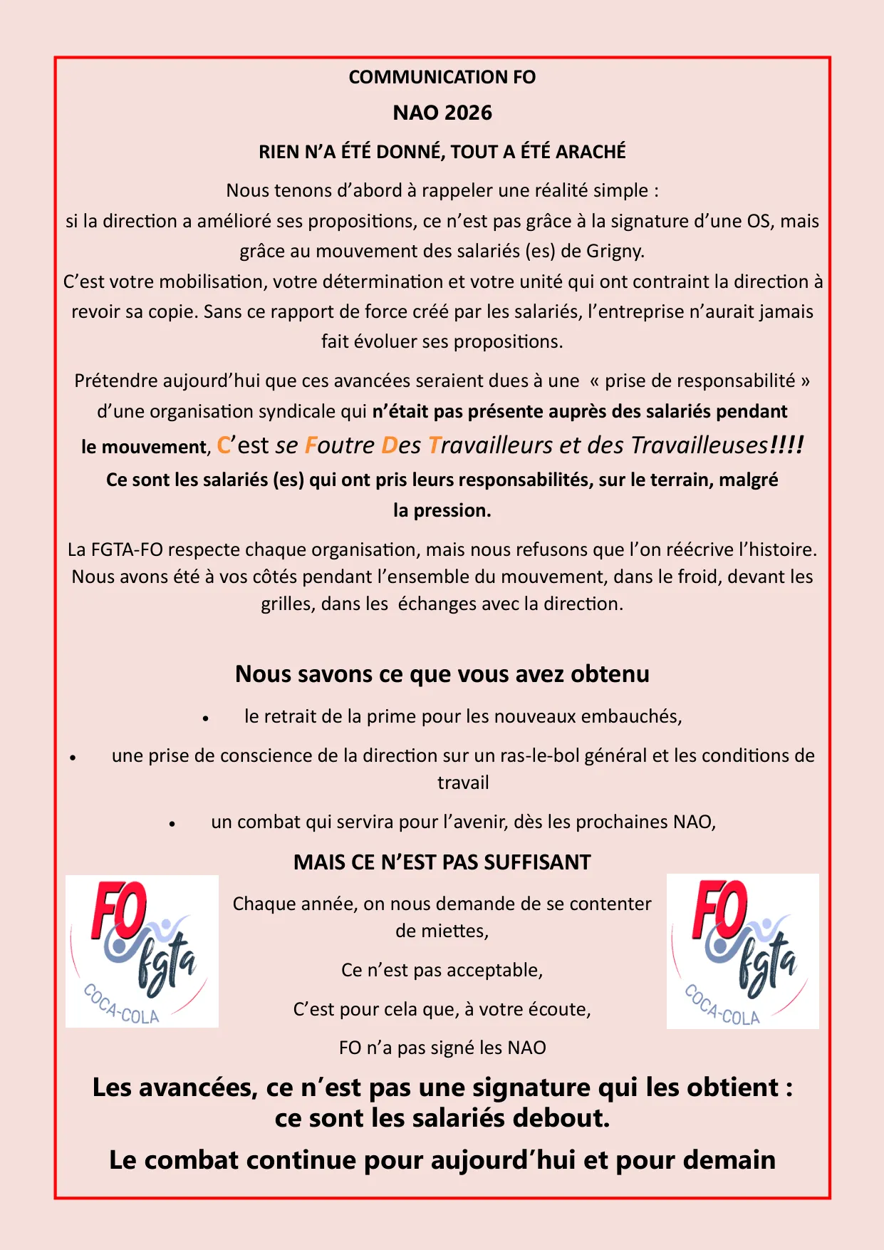 NAO 2026 : FO n&rsquo;a pas signé, le combat continue !