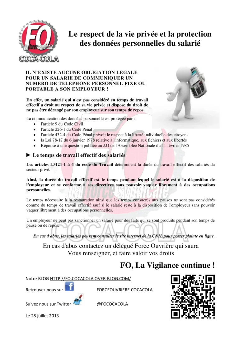 Page d'information FO Coca-Cola sur la protection des données au travail.