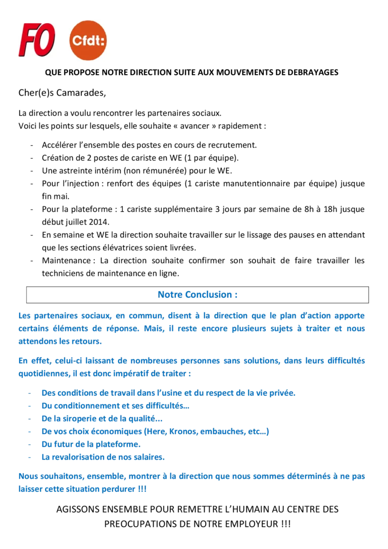 Comparaison propositions direction et revendications FO durant débrayages 2014.