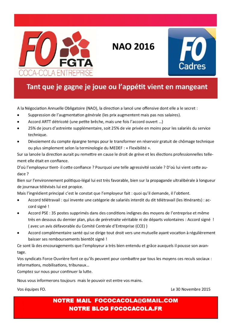 Document syndical FO sur l'offensive directionnelle aux NAO 2016.