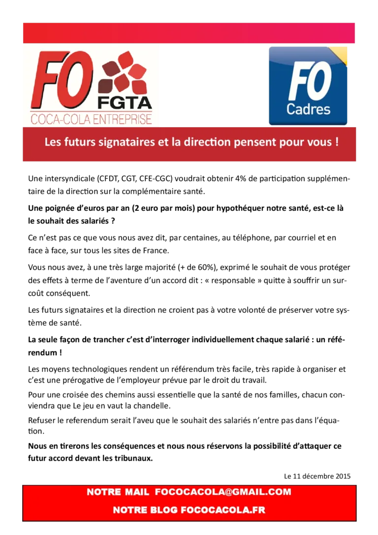 FO réclame un référendum sur la santé des salariés Coca-Cola.