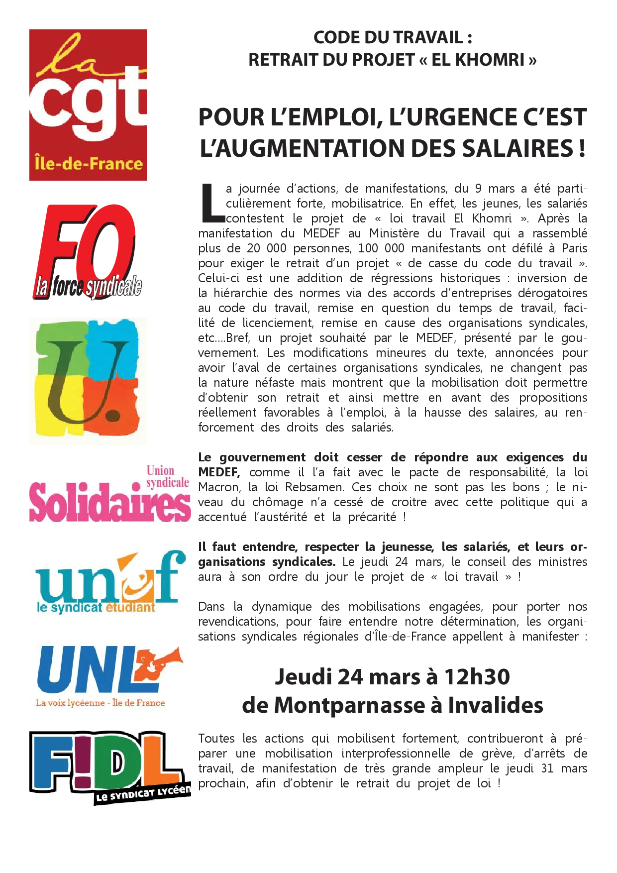 Retrait de la Loi Travail El Khomri : L&rsquo;Urgence des Salaires et des Droits !