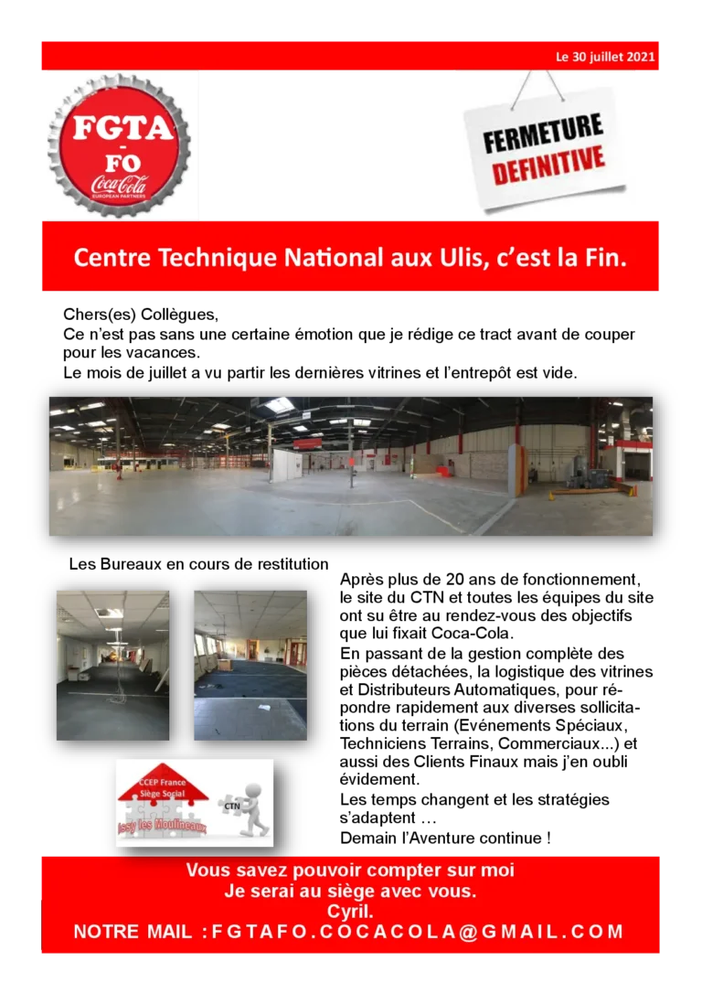 Annonce syndicale FGTA-FO sur la fermeture du Centre Technique National aux Ulis.