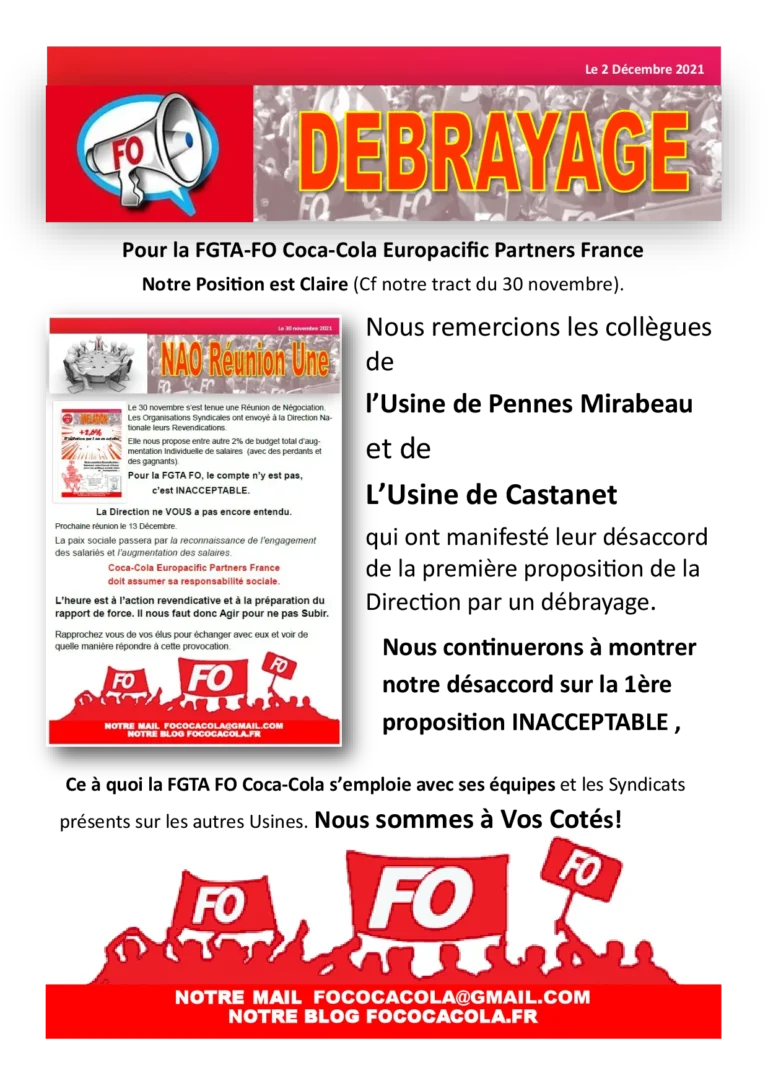 FO Coca-Cola refuse une proposition inacceptable lors des NAO 2021.
