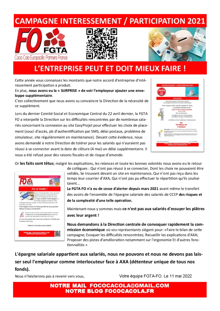 Analyse syndicale FGTA-FO sur l'intéressement et la participation 2021.