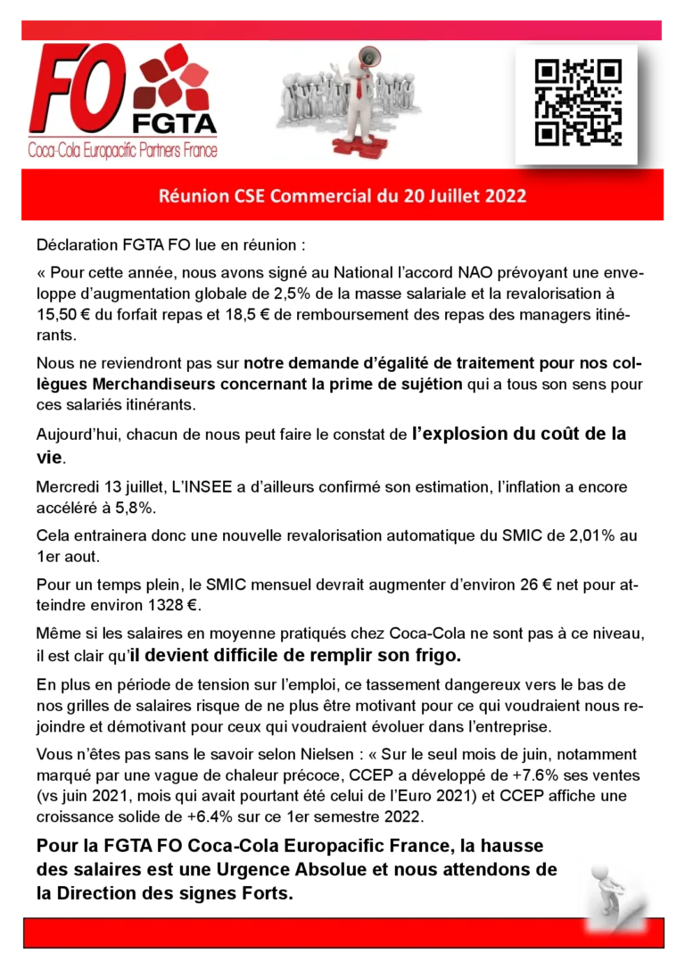 Position FO FGTA CCEP France sur l'urgence salaires et pouvoir d'achat.