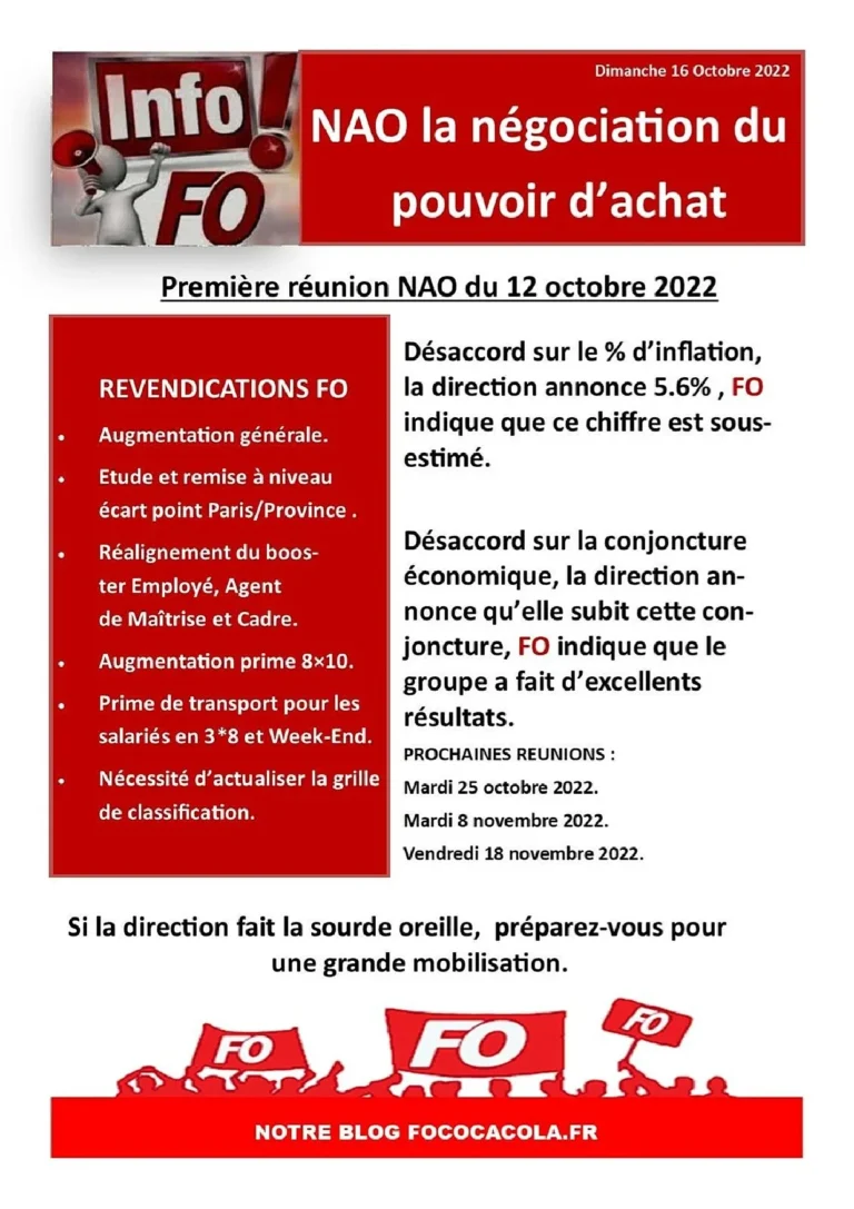 Négociation annuelle obligatoire (NAO) 2022 sur le pouvoir d'achat chez Coca-Cola.