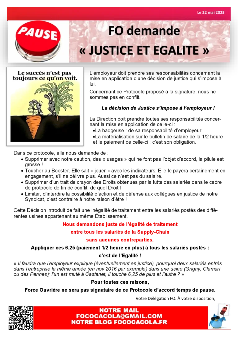 FO Coca-Cola exige justice et égalité sur le temps de pause.