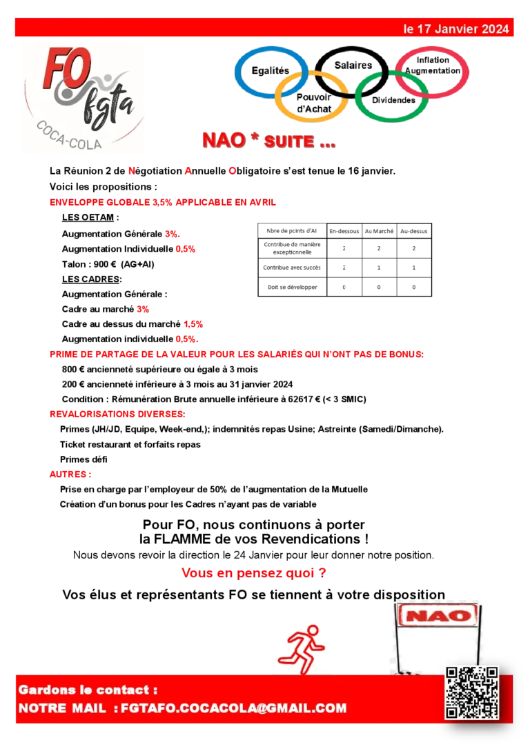 Page 1 des propositions salariales FO Coca-Cola pour la NAO 2024.