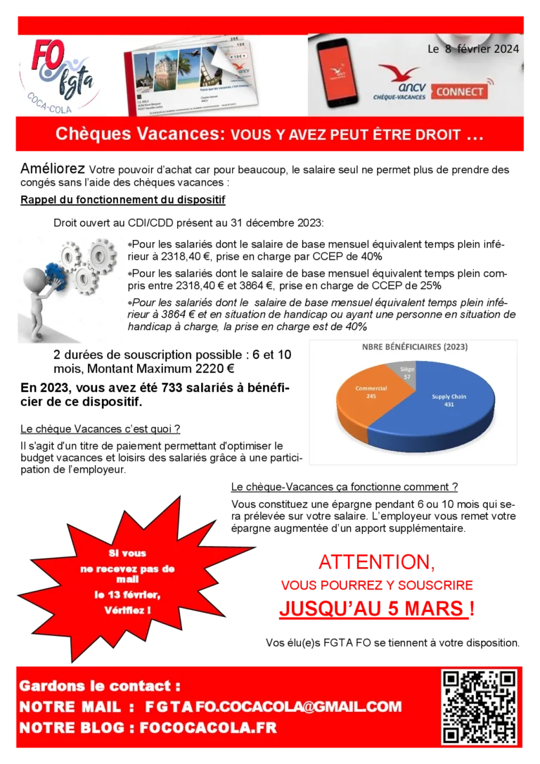 Information FGTA-FO sur les chèques vacances et le pouvoir d'achat.