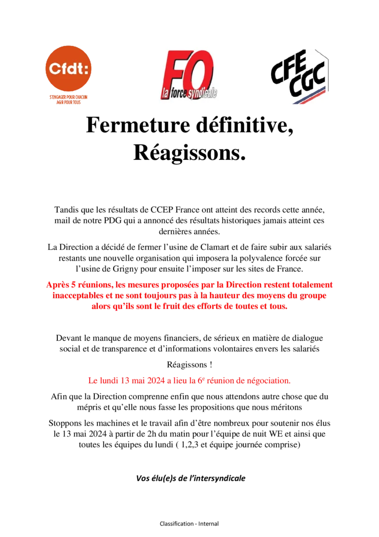 Affiche syndicale FO Coca-Cola contre la fermeture de Clamart et propositions inacceptables.