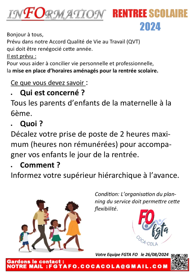 FGTA-FO Coca-Cola : horaires aménagés pour les parents rentrée scolaire 2024.