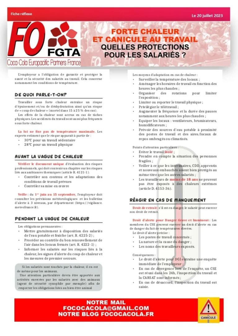 Tract syndical FO : fiche réflexe pour la canicule au travail.