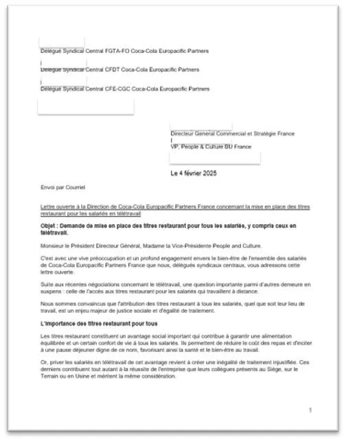 Lettre ouverte FO revendiquant l'égalité titres-restaurant et télétravail.