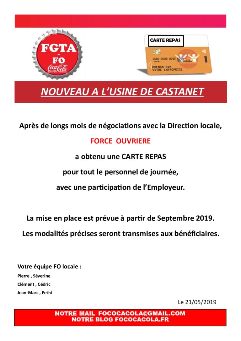 Carte repas à l'usine de Castanet, une victoire syndicale FO.