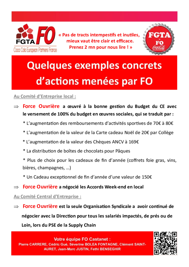 FO Coca-Cola : Synthèse des actions concrètes pour les droits des salariés.